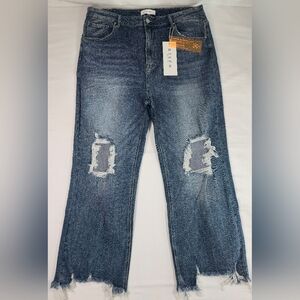 New Risen Los Angeles Jeans Womens Plus 3X Blue Straight Distressed Raw Hem NWT